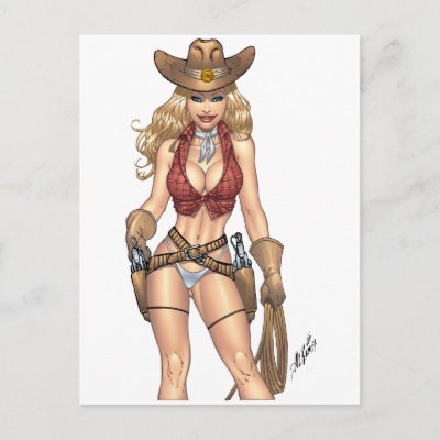 Sexy Cowgirl Country Girl with Guns by Al Rio Postcard by AlRioArt