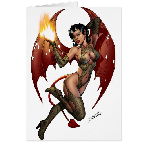 Sexy Devil Girl Pinup with Fire by Al Rio Greeting Card