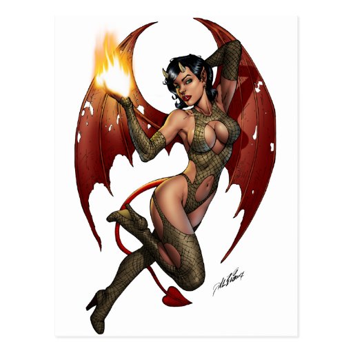 Sexy Devil Girl Pinup with Fire by Al Rio Post Cards
