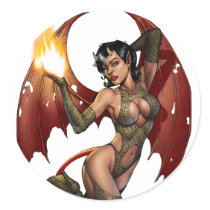 sexy, pinup, pin-up, devil, girl, woman, horns, wings, fire, tail, al rio, demons, Sticker with custom graphic design