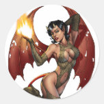 Sexy Devil Girl Pinup with Fire by Al Rio Round Stickers