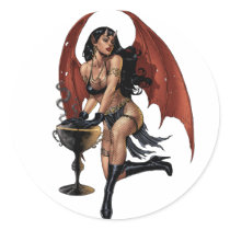 Sexy Devil Girl with a pot of evil. Art by Al Rio. stickers