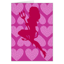 Sexy Devil Silhouette on Purple Leopard Hearts Greeting Cards
