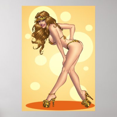 A sexy bikini girl pinup or pin-up with a leopard skin theme to her costume.