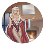 Sexy Ms Claus By The Fireplace in Fishnet Stocking Party Plate