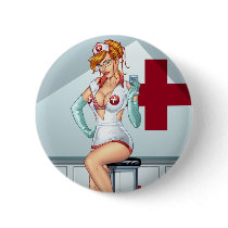 sexy, pin-up, pinup, nurse, nursing, red, cross, redhead, head, art, doctor, al rio, medicine, Button with custom graphic design