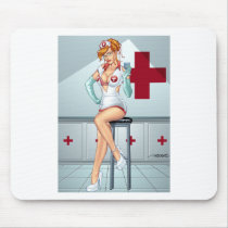 Sexy Nurse Pin-up Art Red Head by Al Rio mousepads