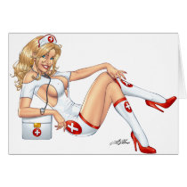 Sexy Nurse Pin-up pulling at Stockings by Al Rio Greeting Cards
