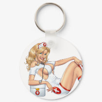 Sexy Nurse Pin-up pulling at Stockings by Al Rio keychains