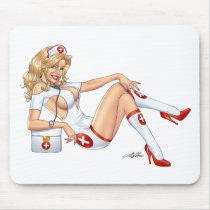 Sexy Nurse Pin-up pulling at Stockings by Al Rio mousepads
