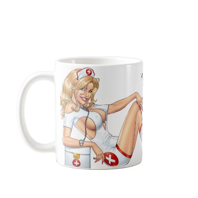 Sexy Nurse Pin-up pulling at Stockings by Al Rio Mugs by AlRioArt