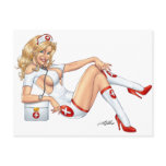 Sexy Nurse Pin-up pulling at Stockings by Al Rio Postcards