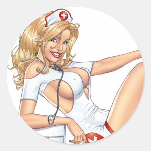 Sexy Nurse Pin-up pulling at Stockings by Al Rio Round Stickers