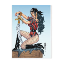 sexy, girl, woman, pirate, skull, crossbones, sword, black, fishnet, stockings, al rio, female, Postcard with custom graphic design