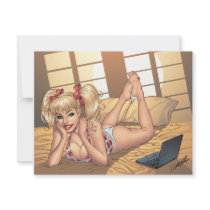 Sexy Ponytail Blond on Bed with Computer by Al Rio invitations