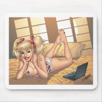 Sexy Ponytail Blond on Bed with Computer by Al Rio mousepads