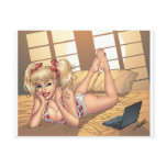 Sexy Ponytail Blond on Bed with Computer by Al Rio Post Card