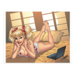 Sexy Ponytail Blond on Bed with Computer by Al Rio Post Card