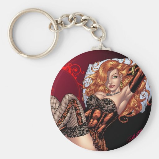 Sexy Red Head in Lingerie customizables by Al Rio Key Chain