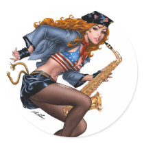 sexy, sax, saxophone, red, redhead, american, flag, heels, pinup, pin-up, girl, woman, al rio, jazz, Sticker with custom graphic design