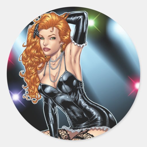 Sexy Redhead in Black Lingerie by Al Rio Round Stickers