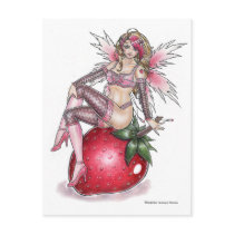sexy, strawberry, berry, fairy, fae, faeries, faery, fruit, pinup, red, pink, sweet, food, elf, pixie, lingerie, goth, gothic, fantasy, wings, wing, blond, blonde, art, painting, illustration, zerick, delphine, levesque, demers, woman, lady, girl, Postcard with custom graphic design