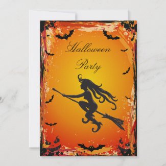 Sexy Witch on Broomstick & Bats Halloween Party invitation
