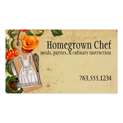 Shabby chic apron knife whisk chef catering cards business card template (front side)