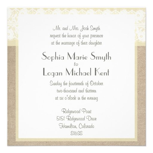 Shabby Chic Beige Lace Burlap Wedding Invitation