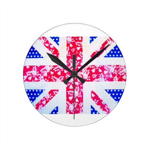 Shabby Chic British Flag - Polka Dots and Floral Round Clock