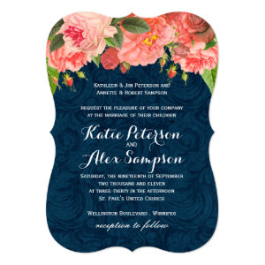Shabby Chic Coral and Navy Blue Wedding Invitation 5