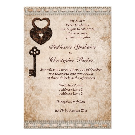 Shabby Chic Damask Hearts Lock and Key Wedding Personalized Invites
