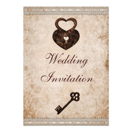 Shabby Chic Damask Hearts Lock and Key Wedding Personalized Invites