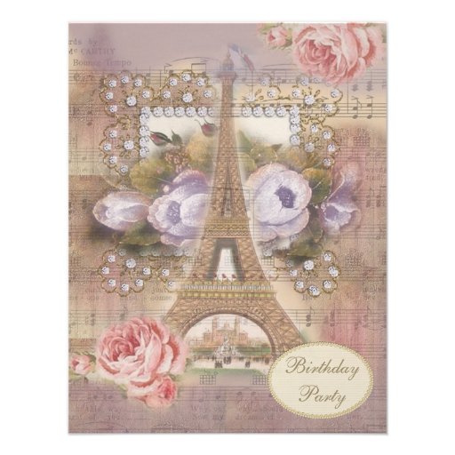 Shabby Chic Eiffel Tower Floral Birthday Party Invitations