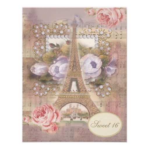 Shabby Chic Eiffel Tower Floral Sweet 16 Custom Invites