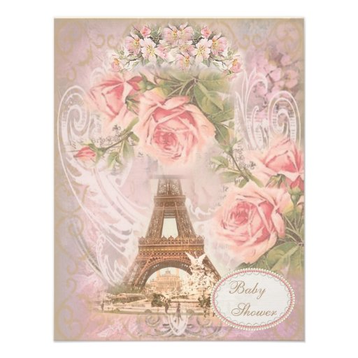 Shabby Chic Eiffel Tower Pink Floral Baby Shower Invitations