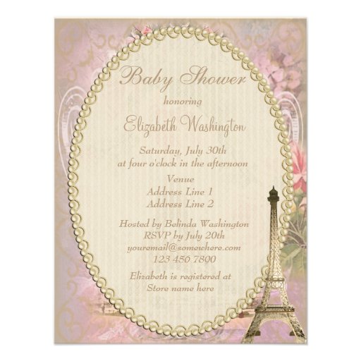 Shabby Chic Eiffel Tower Pink Floral Baby Shower Invitations