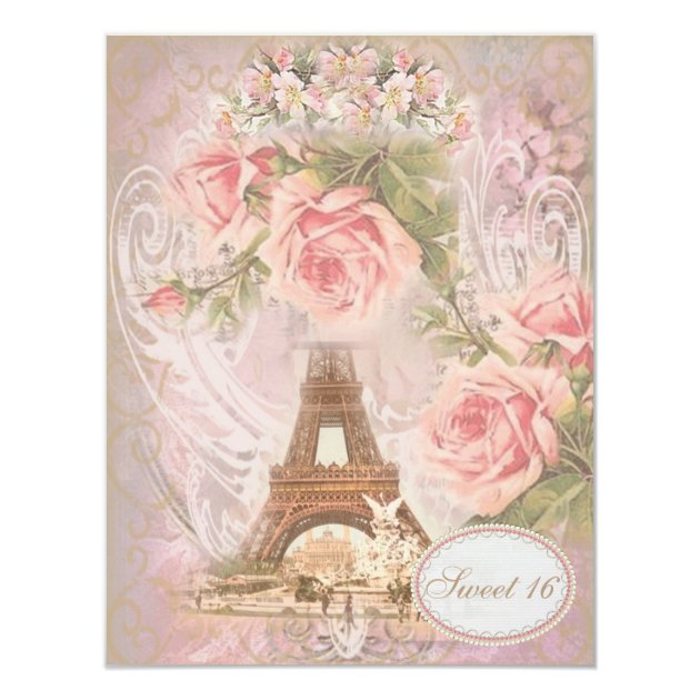 Shabby Chic Eiffel Tower Pink Floral Sweet 16 Card (front side)