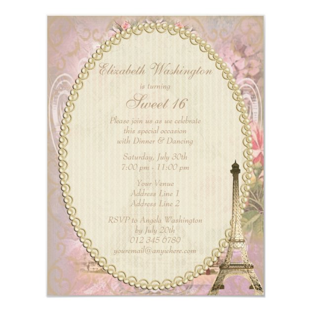Shabby Chic Eiffel Tower Pink Floral Sweet 16 Card
