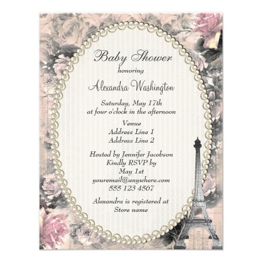 Shabby Chic Eiffel Tower & Roses Baby Shower Custom Invitations