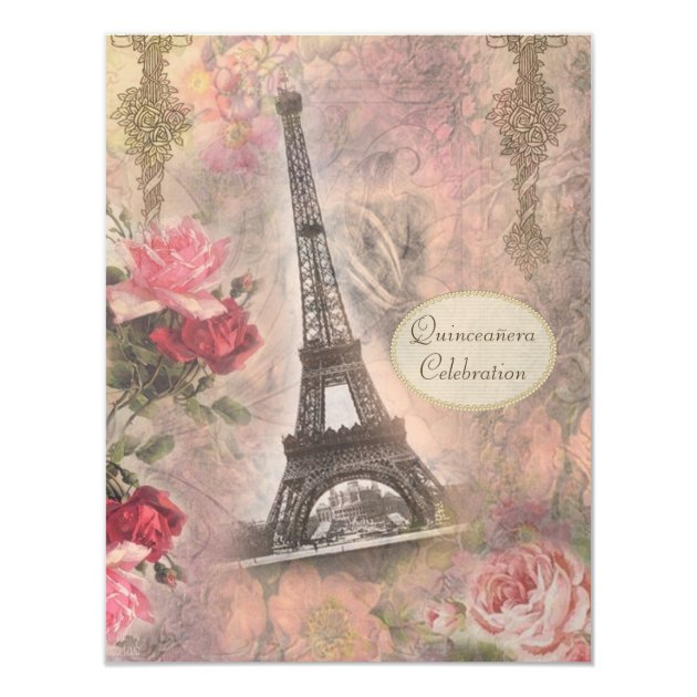 Shabby Chic Eiffel Tower & Roses Quinceanera Card (front side)