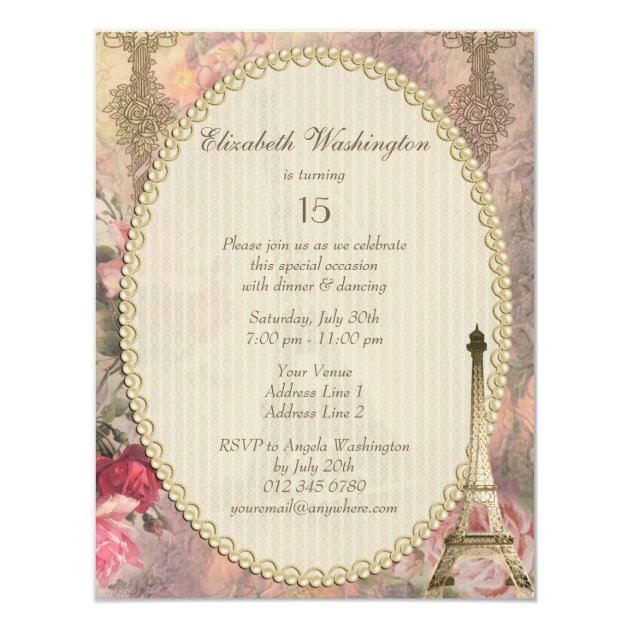 Shabby Chic Eiffel Tower & Roses Quinceanera Card