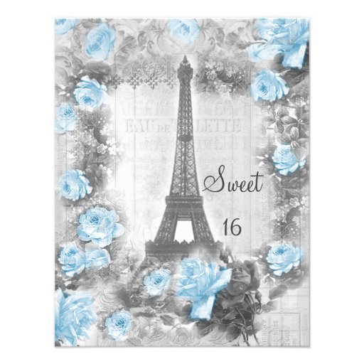 Shabby Chic Eiffel Tower & Roses Sweet 16 Custom Invitation