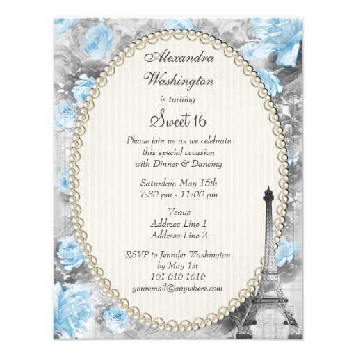 Shabby Chic Eiffel Tower & Roses Sweet 16 Custom Invitation
