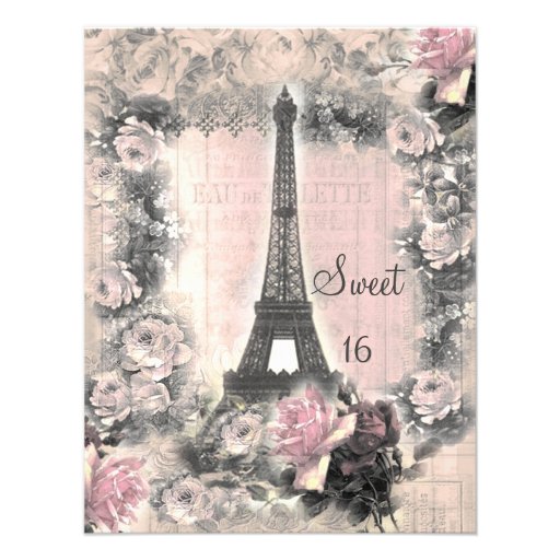 Shabby Chic Eiffel Tower & Roses Sweet 16 Personalized Invite