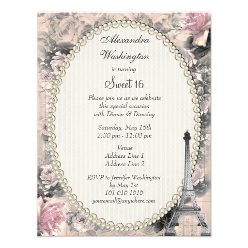 Shabby Chic Eiffel Tower & Roses Sweet 16 Personalized Invite