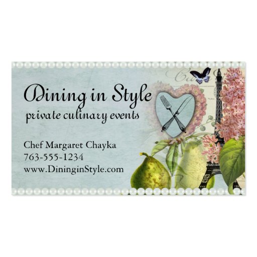 Shabby chic fork knife Eiffel tower chef biz cards Business Card Template (front side)