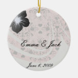 shabby chic grey heart swirl damask on grunge pink christmas tree ornaments