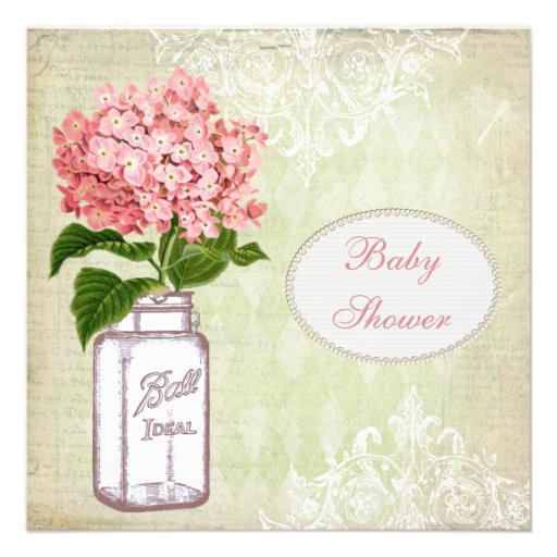 Shabby Chic Mason Jar & Hydrangea Baby Shower Personalized Announcements
