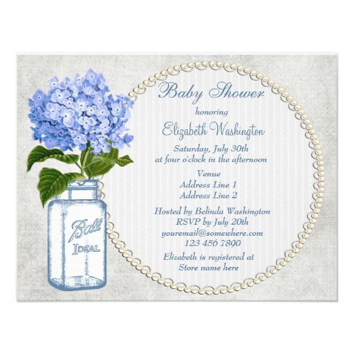 Shabby Chic Mason Jar & Hydrangea Baby Shower Custom Invitations